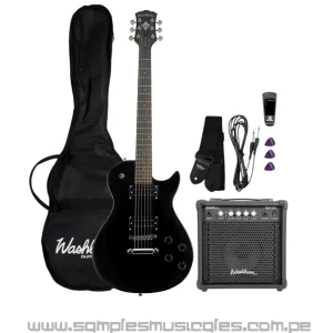 PACK DE GUITARRA ELÉCTRICA LES PAUL AFINADOR CORREA AMPLIFICADOR FUNDA PLECTROS CABLE NEGRO WASHBURN WIN14BAKEAU